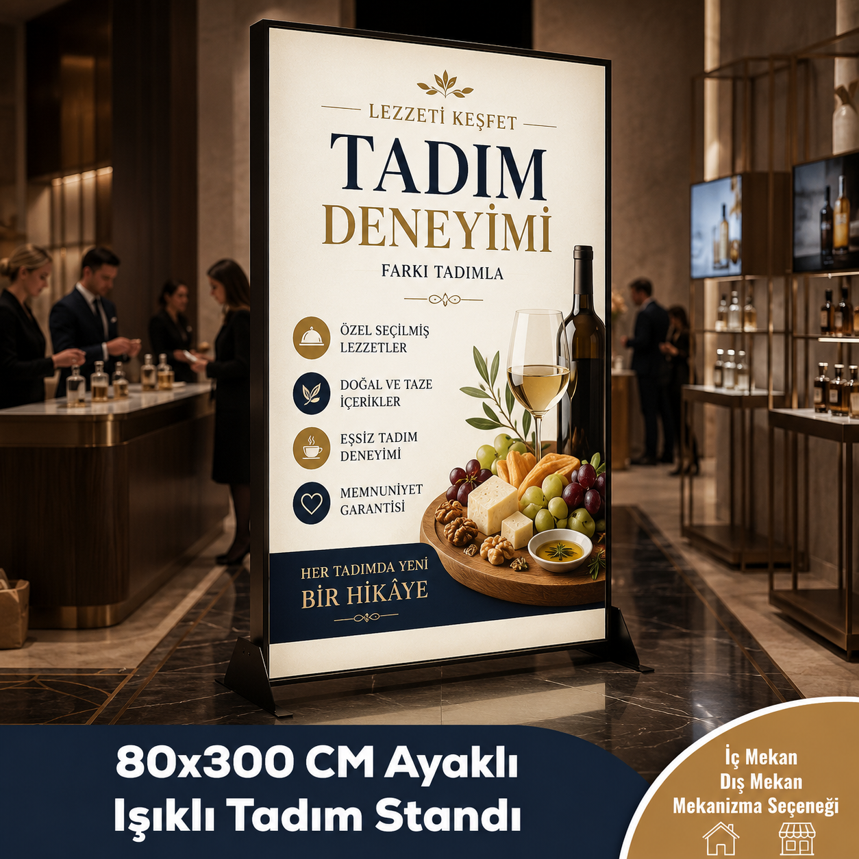 80x300 CM Ayaklı Işıklı Tadım Stand
